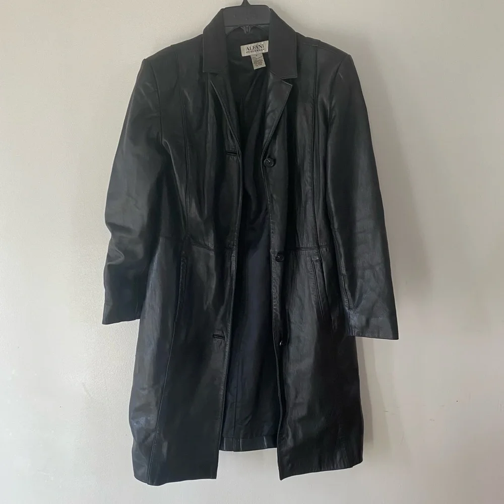 Alfani vintage black leather trench coat size small perfect jacket - Picture 2 of 4
